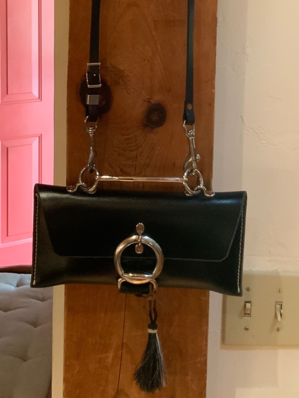 Le Grande Leather Purse With Horsebit Top Handle and Cross Body Strap-Black